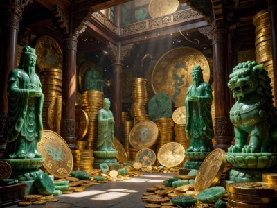 Ancient Fortune Hall filled with giant golden coins and magical scrolls