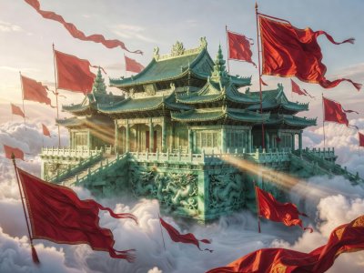Enormous Imperial Jade Palace surrounded by floating red silk banners and glowing jade lanterns