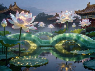 Magical Imperial Garden featuring giant blooming lotus flowers and curved jade bridges